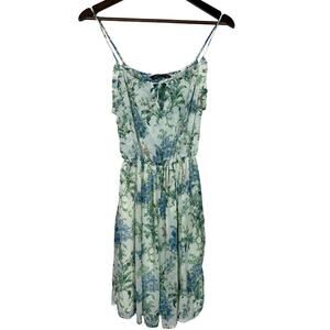 Zara Semi Sheer Floral Sleeveless Spaghetti Strap Tie V Neck Mini Dress XS Green